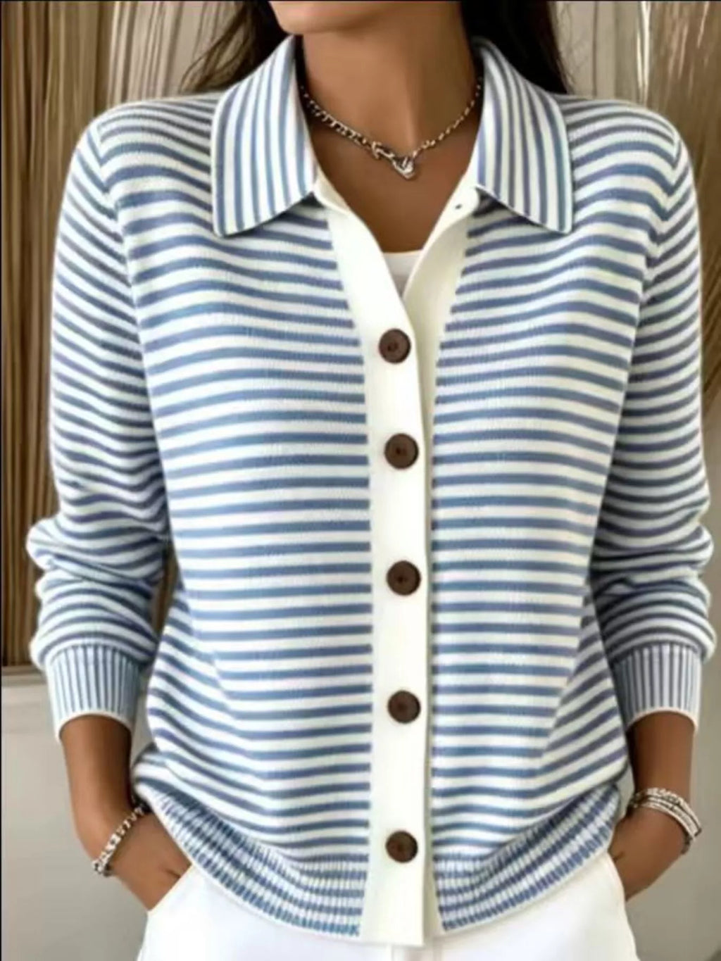 Striped Collared Button-Down Knit Cardigan - Lilixa.store