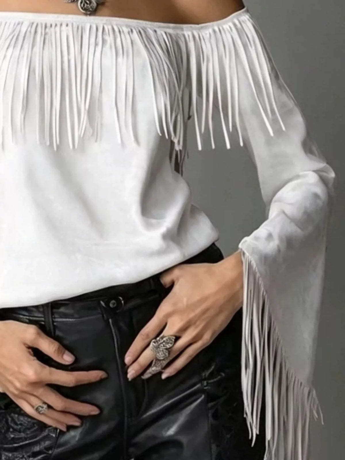 Boho Chic Off-Shoulder Fringed Suede Top, view 9