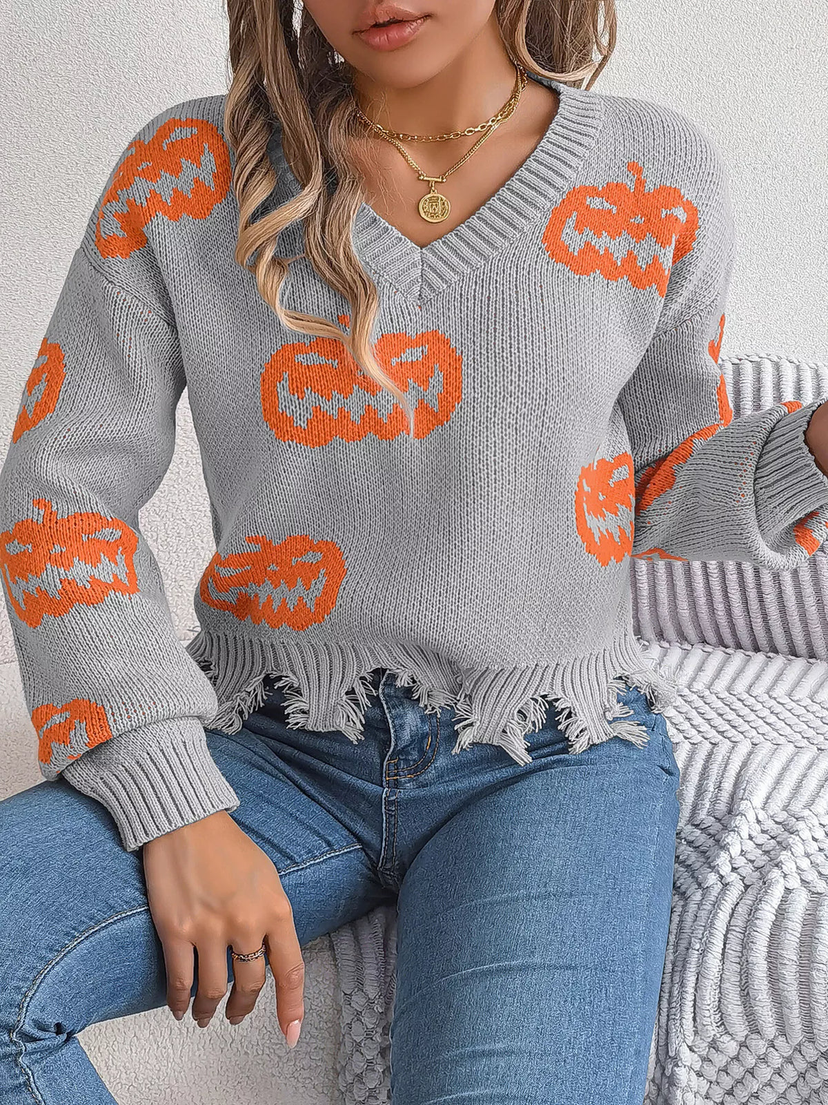 Pumpkin Distressed Hem Sweater