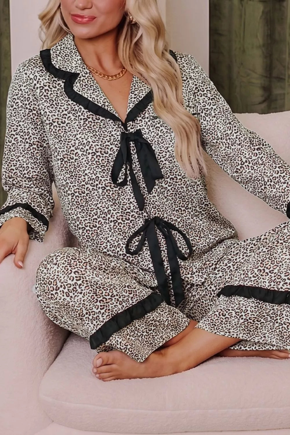 Leopard Print Bow Knot Patchwork Long Sleeve Lounge Set - Lilixa.store
