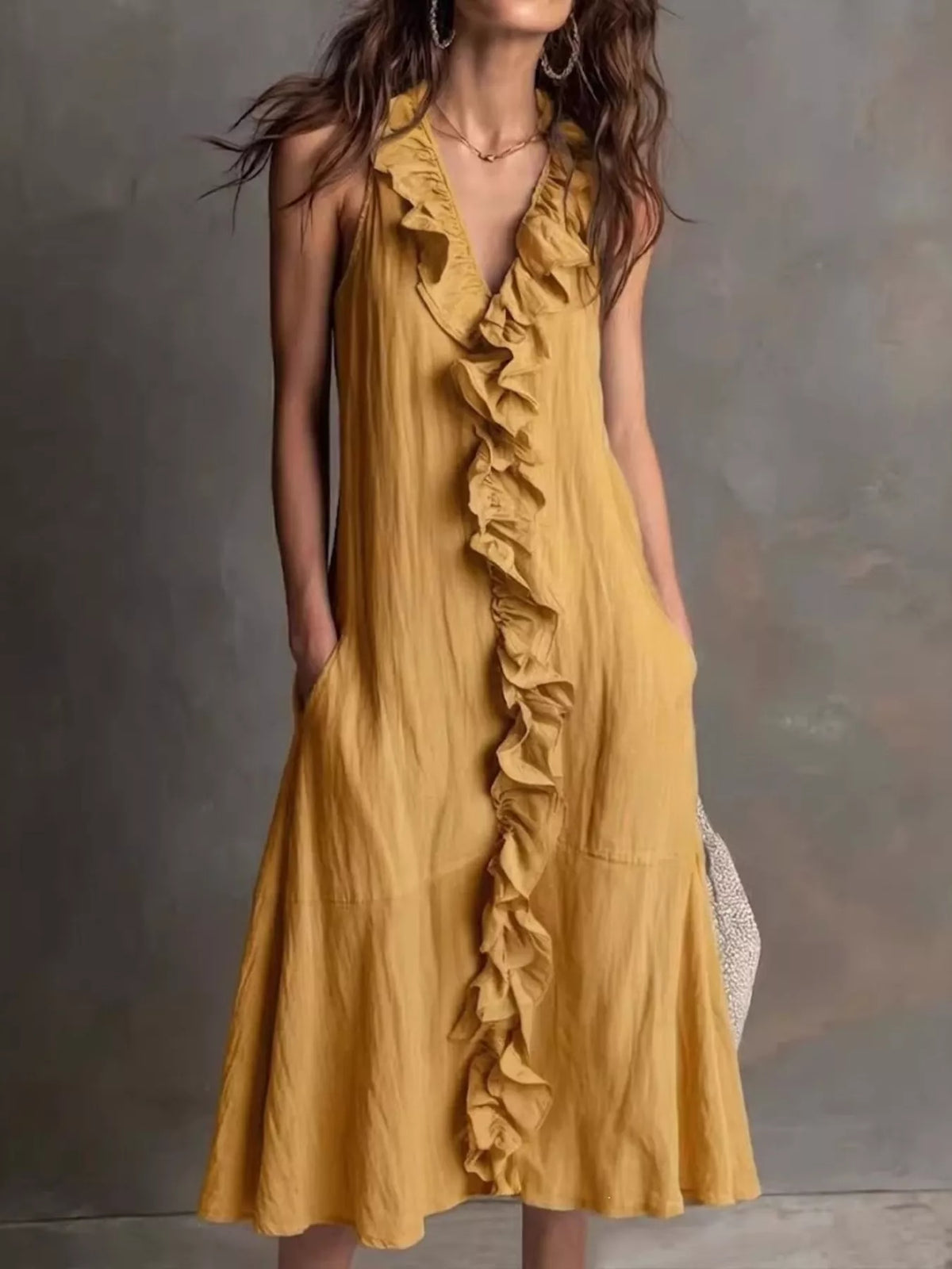 Sleeveless Ruffle Trim V-Neck Midi Dress in Yellow