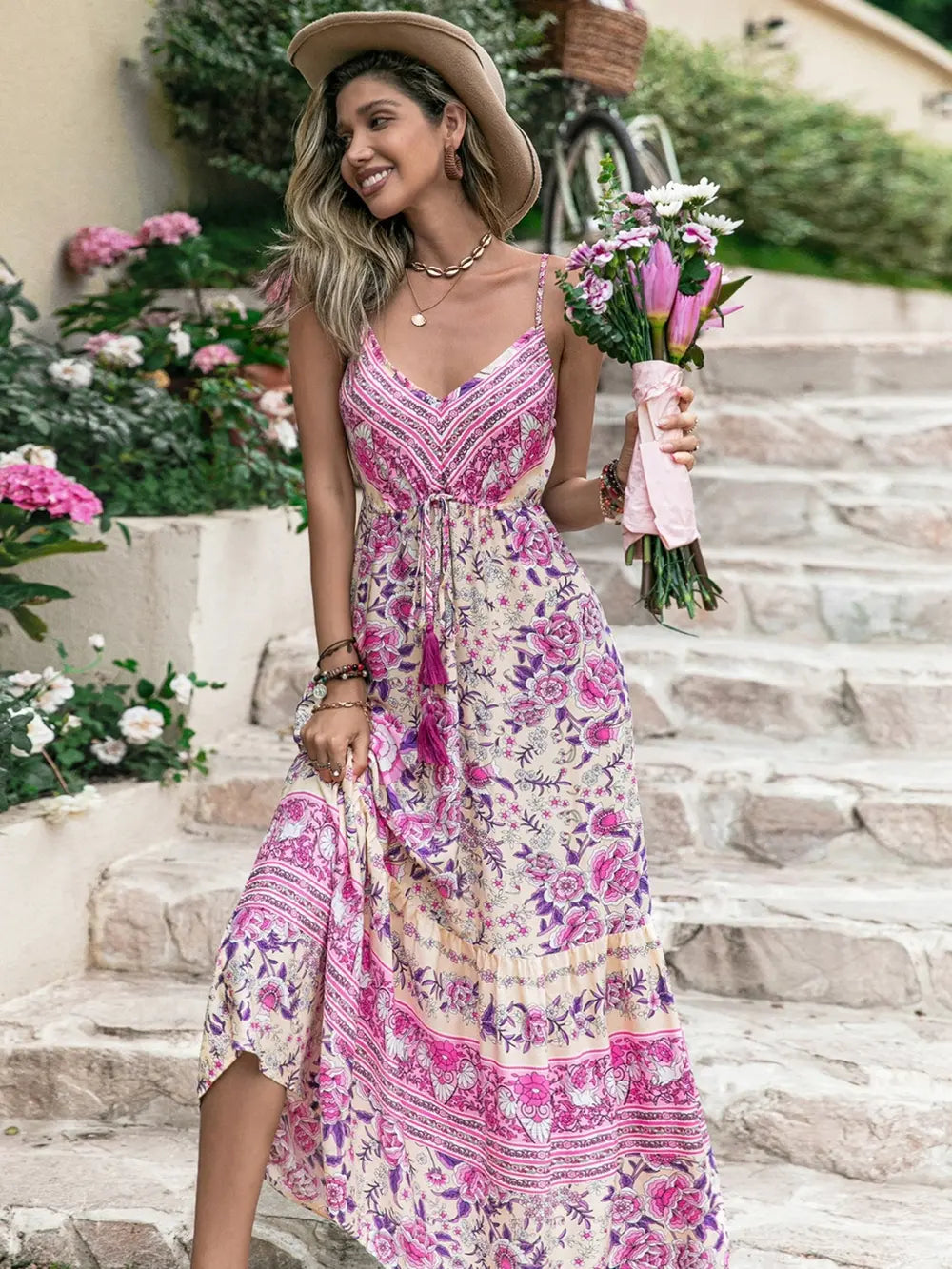 Tassel Printed V-Neck Maxi Dress - Lilixa.store