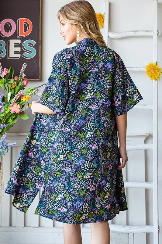 Heimish Full Size Half Sleeve Floral Open Cardigan Plus Size in Navy, view 2