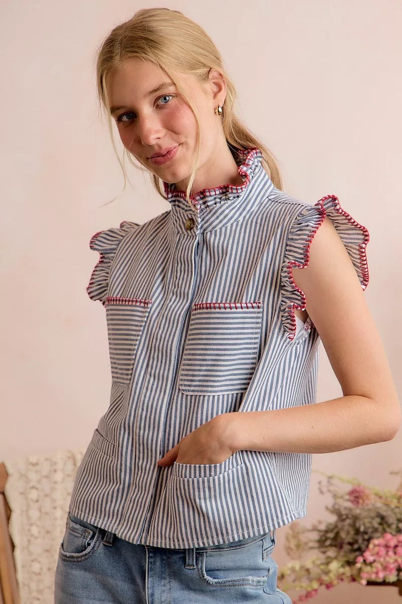 SO ME Stripe Twill Stitch Ruffled Hidden Button Vest Top - Lilixa.store