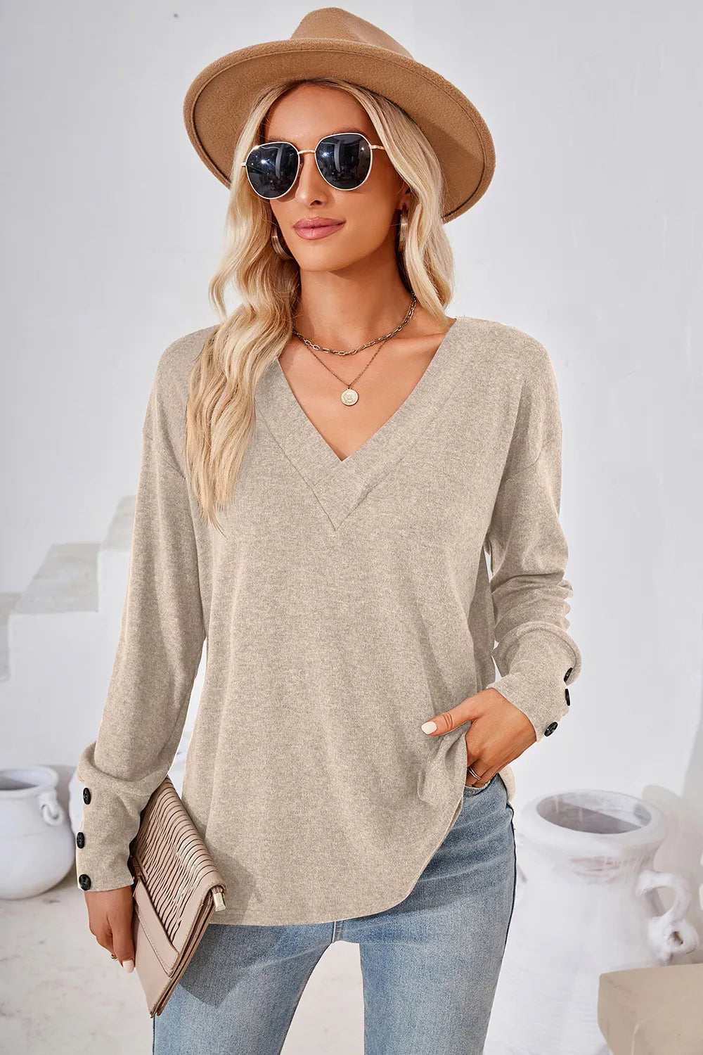 V-Neck Dropped Shoulder T-Shirt - Lilixa.store