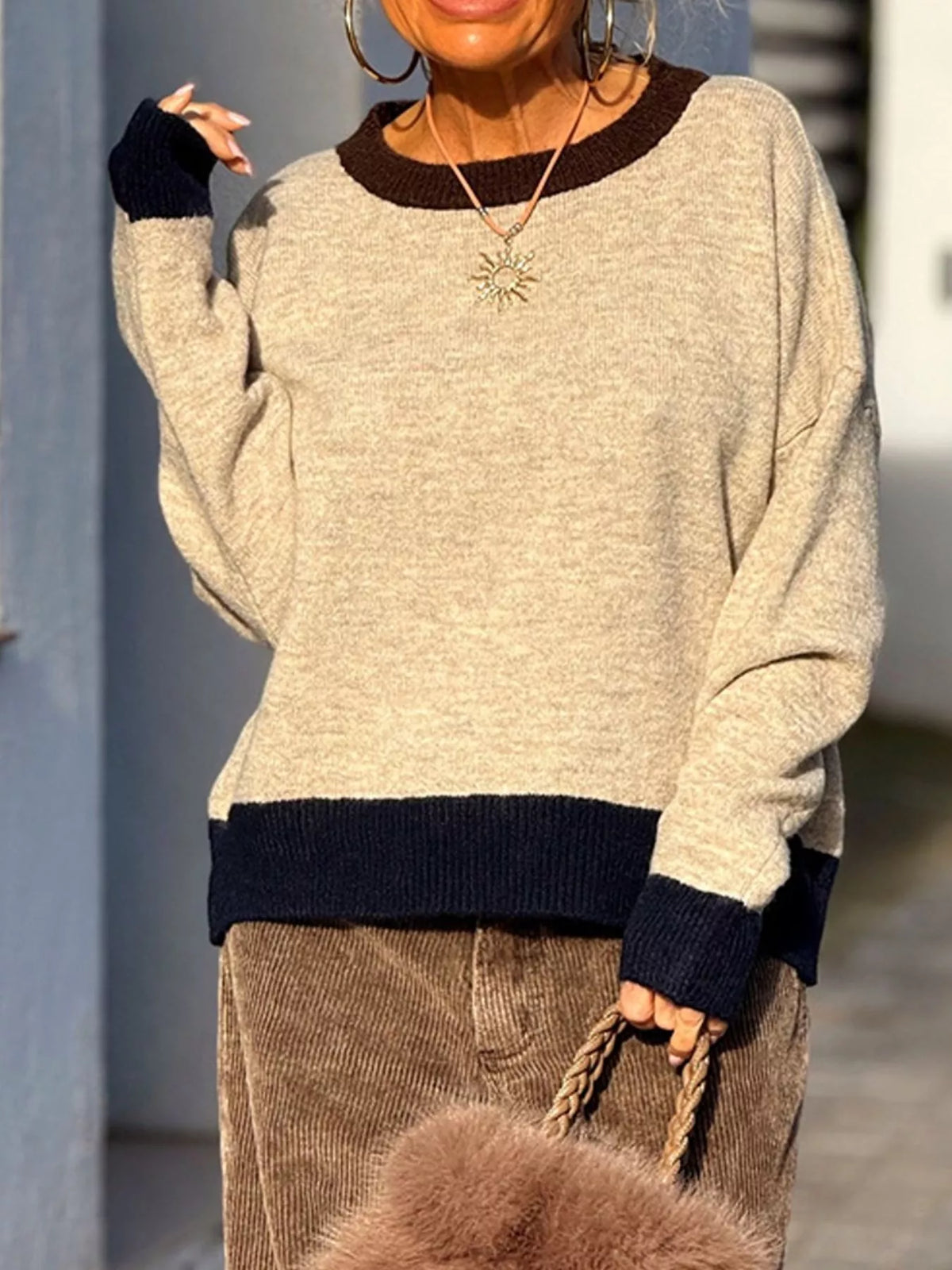 Contrast Trim Crew Neck Sweater