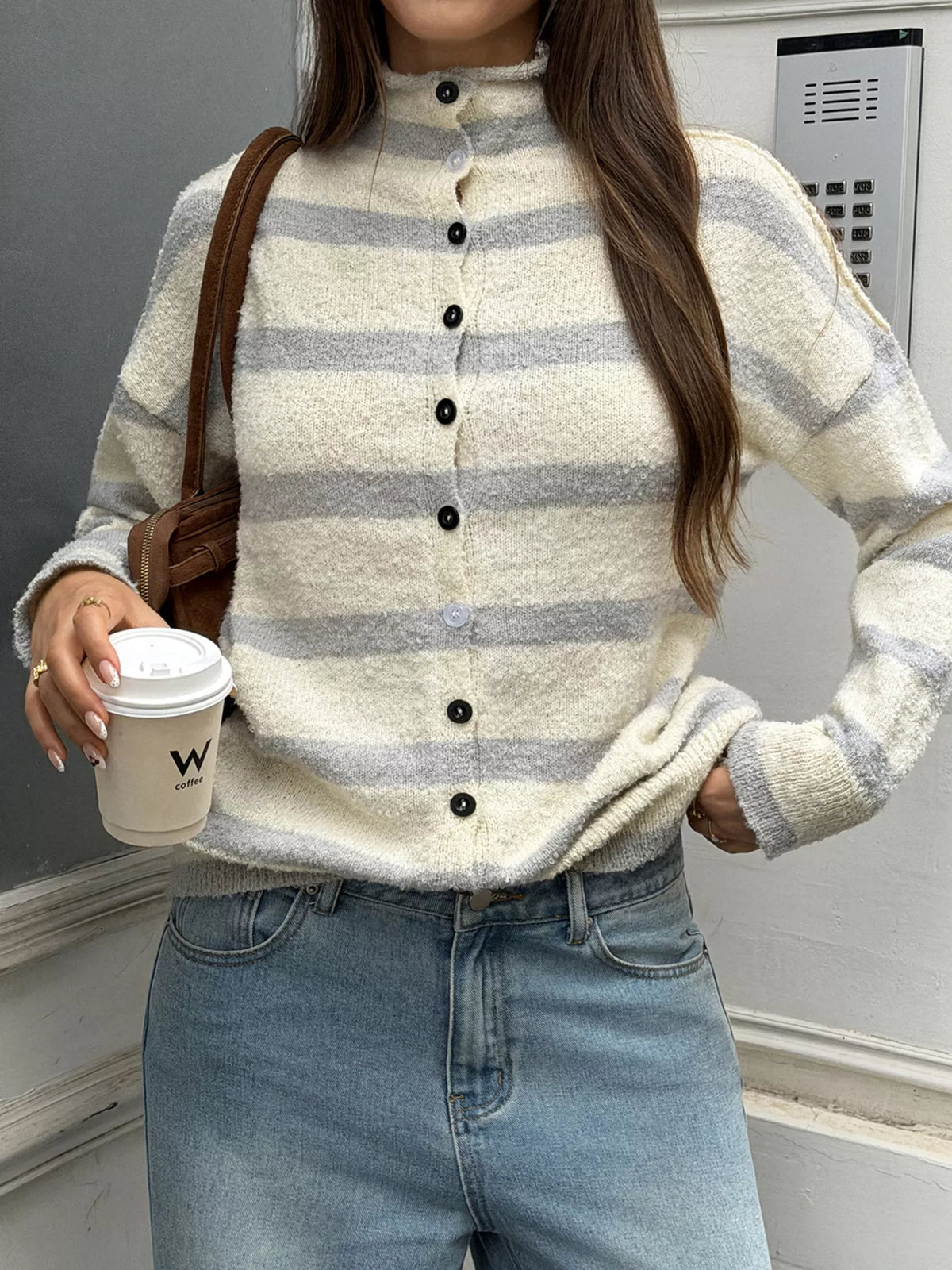 Striped Mock Neck Button-Down Textured Cardigan - Lilixa.store