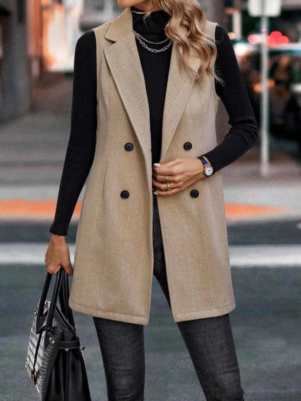 Buttoned Collared Neck Longline Vest Coat, view 2