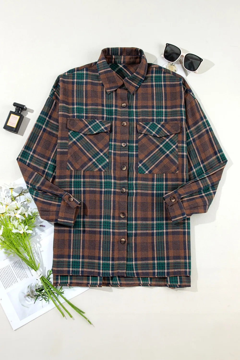 Plaid Button Up Long Sleeve Jacket in Caramel, view 5