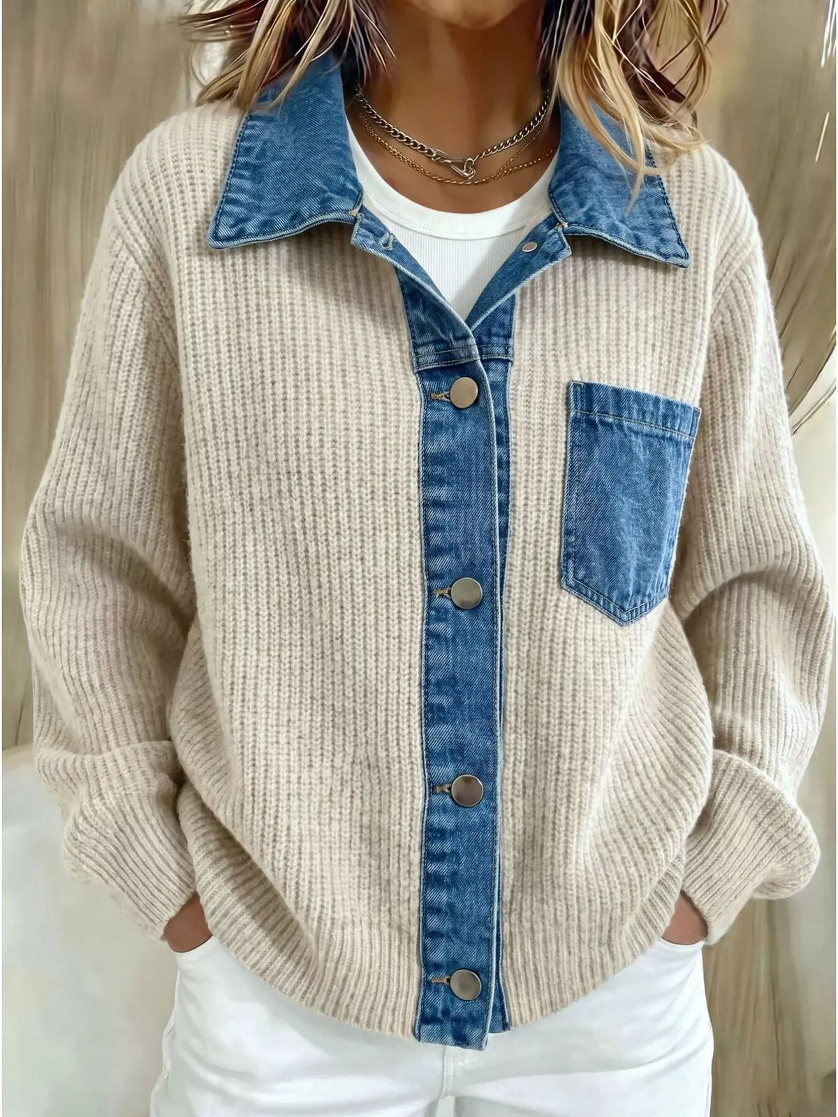 Denim Trim Button Up Cardigan - Lilixa.store