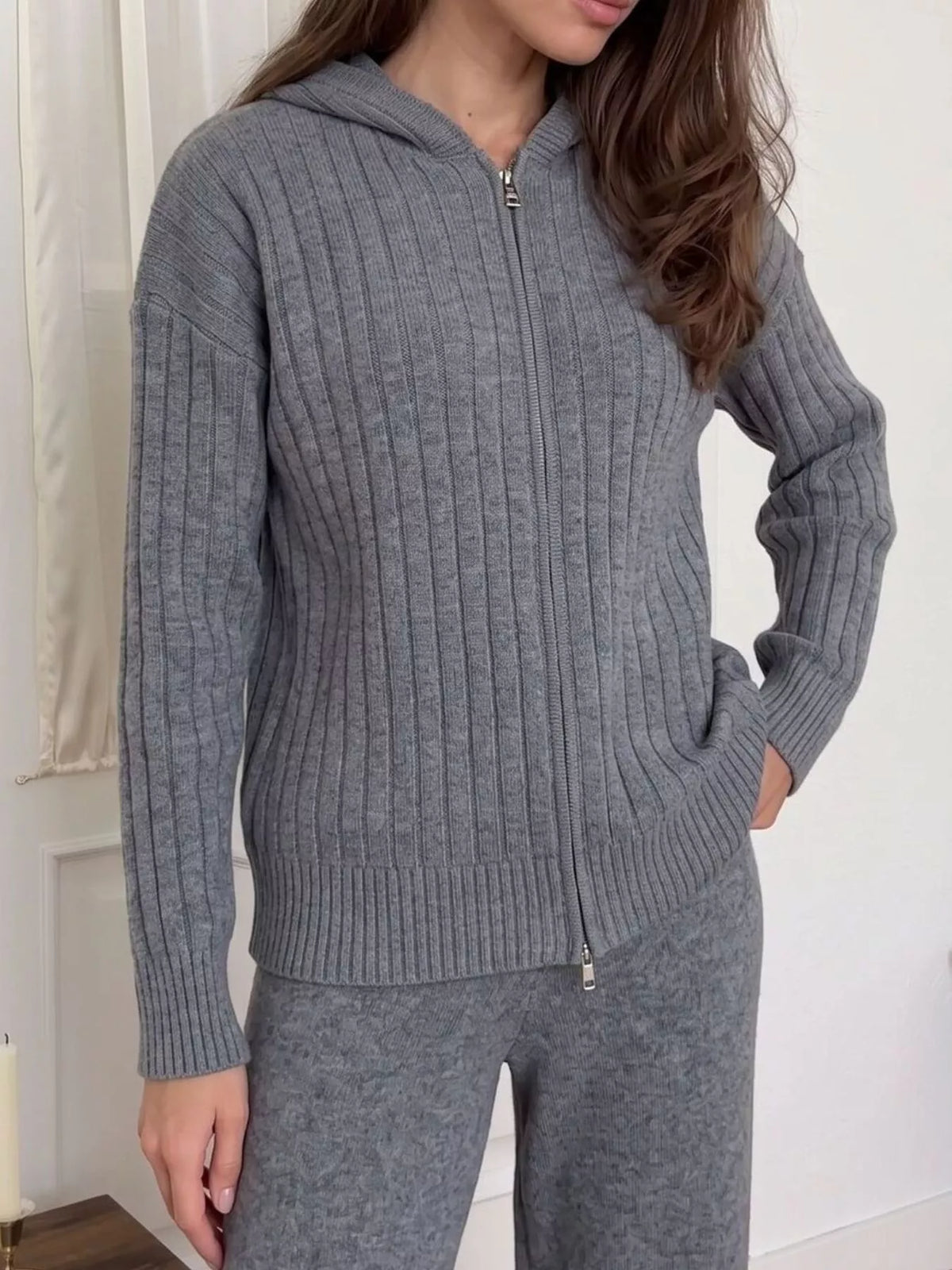 Cozy Ribbed Knit Zip-Up Hoodie and Wide-Leg Pants Sweater Set, view 10