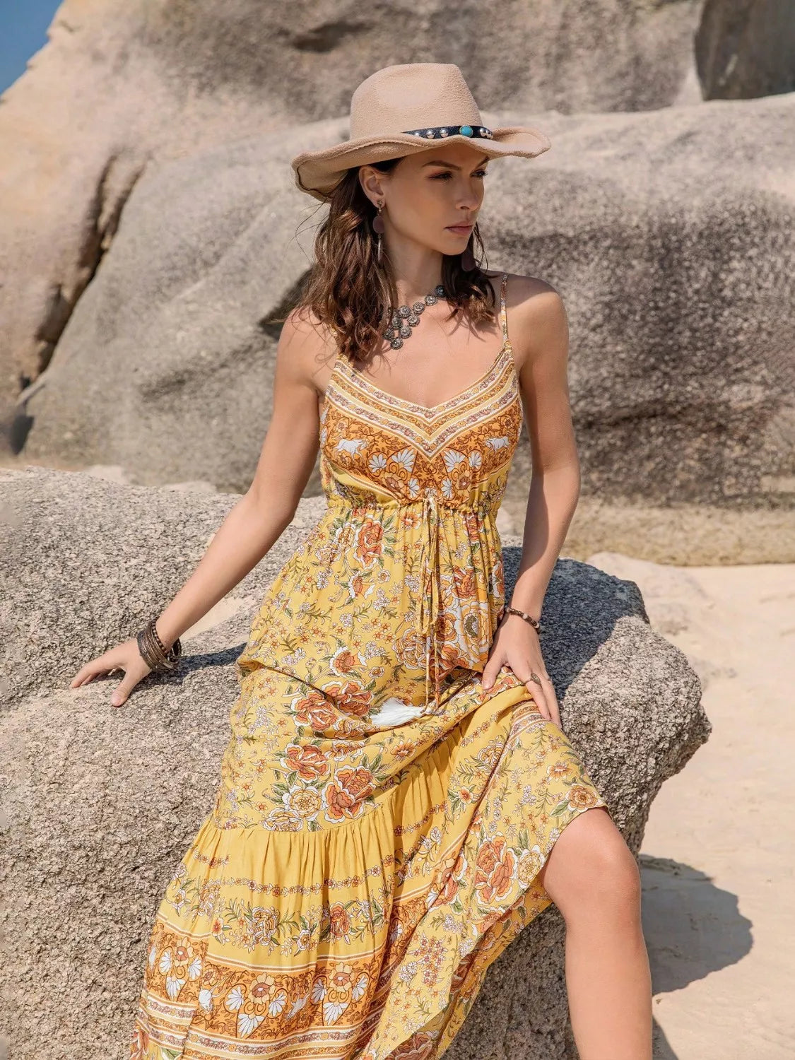 Tassel Printed Tiered Cami Dress in Gold, view 2