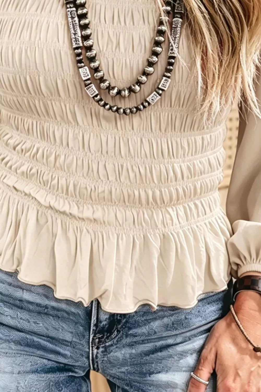 Smocked Balloon Sleeve Peplum Blouse - Lilixa.store