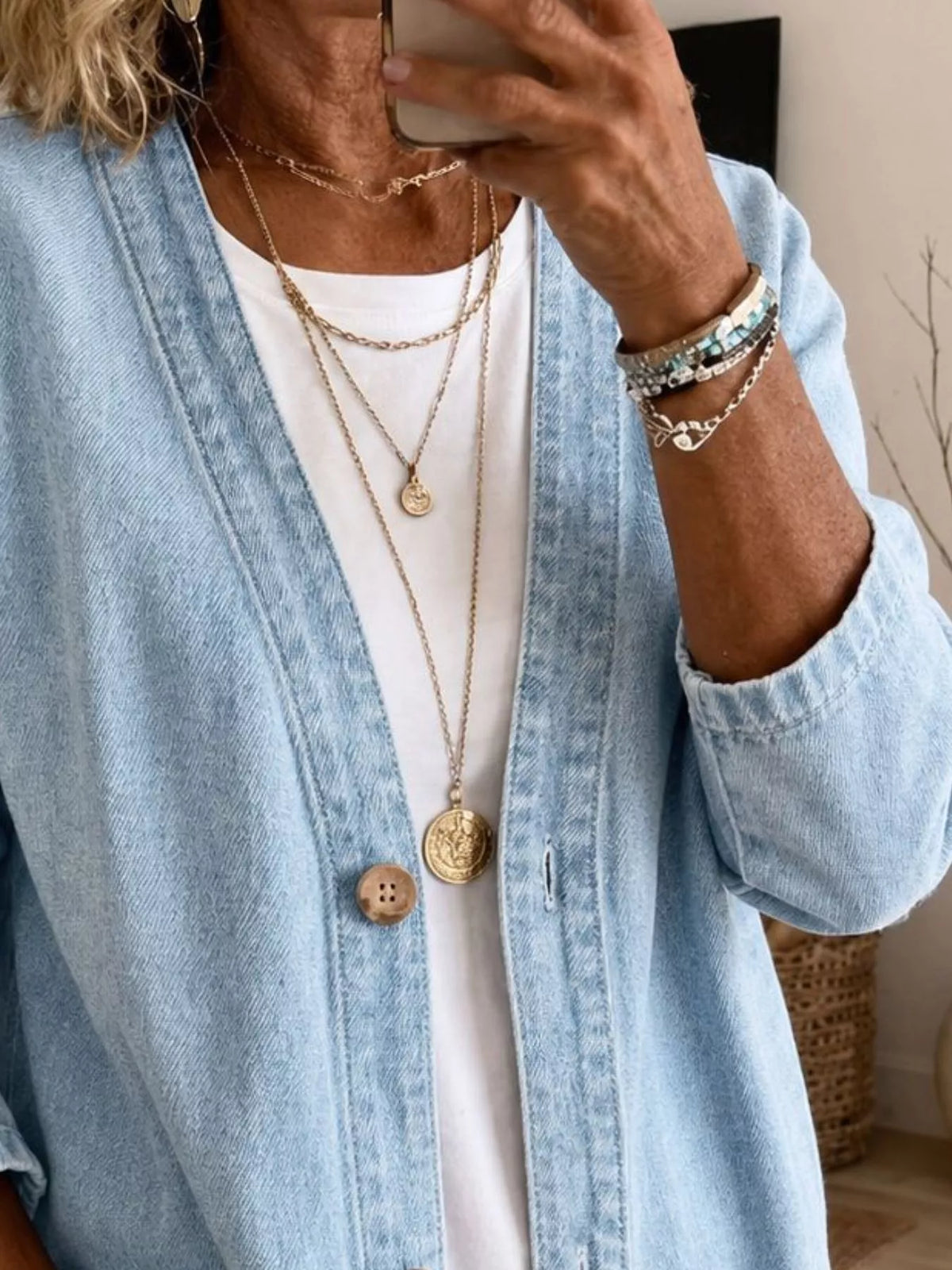 V-Neck Button-Down Denim Jacket, view 2
