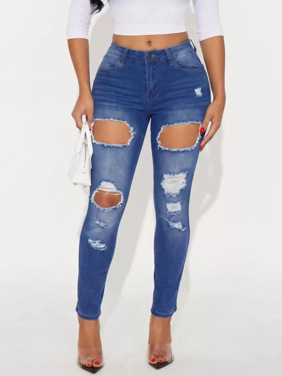 High-Waisted Distressed Skinny Jeans - Lilixa.store