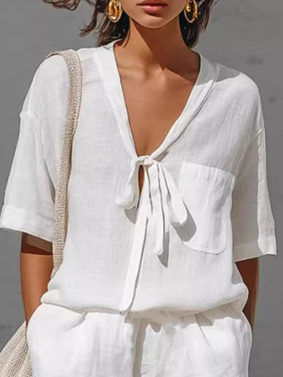 Tie-Front Half Sleeve Shirt and Shorts Set, view 2