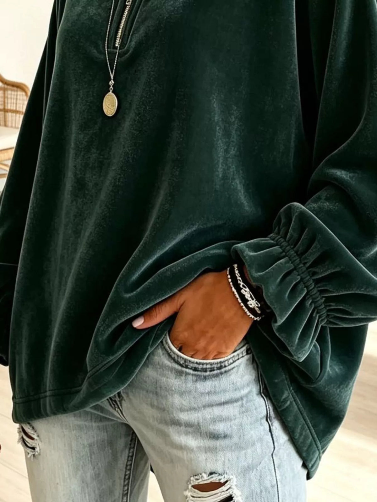 Velvet Quarter-Zip Sweatshirt with Ruffled Cuffs - Lilixa.store