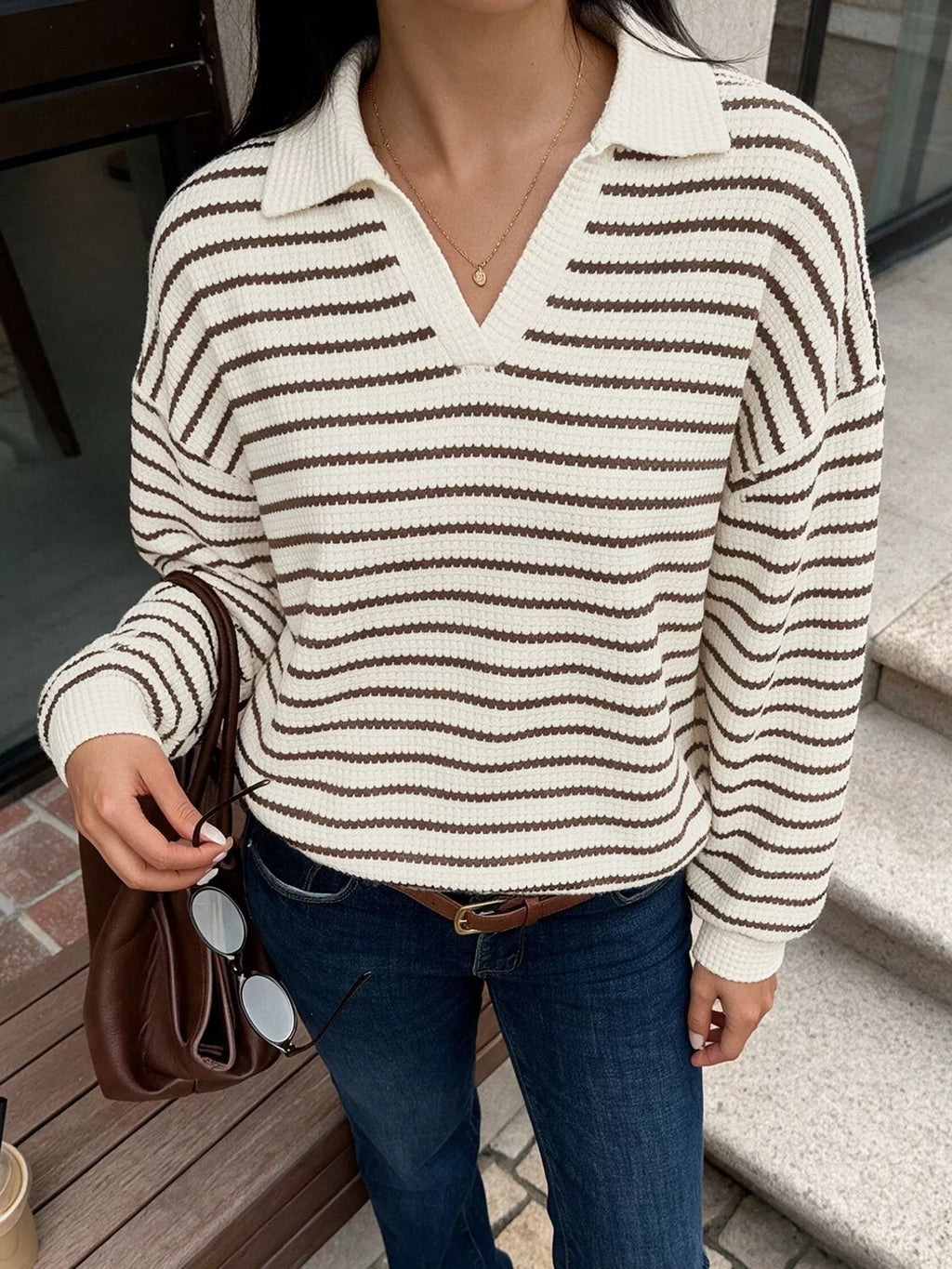 Striped Polo Collar Knit Sweatshirt - Lilixa.store