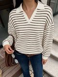 Striped Polo Collar Knit Sweatshirt - Lilixa.store