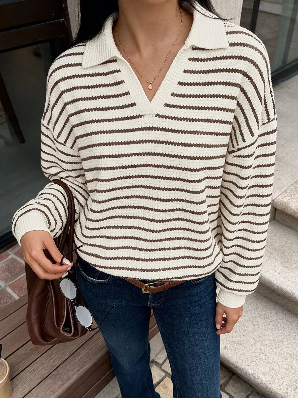 Striped Polo Collar Knit Sweatshirt - Lilixa.store