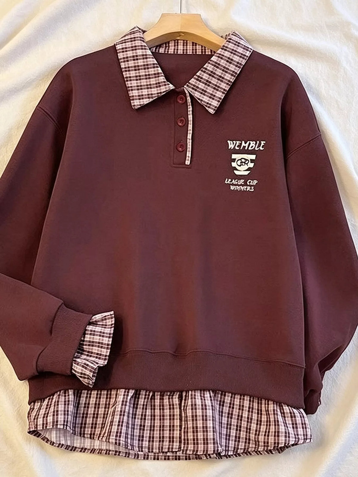 Plaid Collared Faux-Layered Hem Sweatshirt, view 3