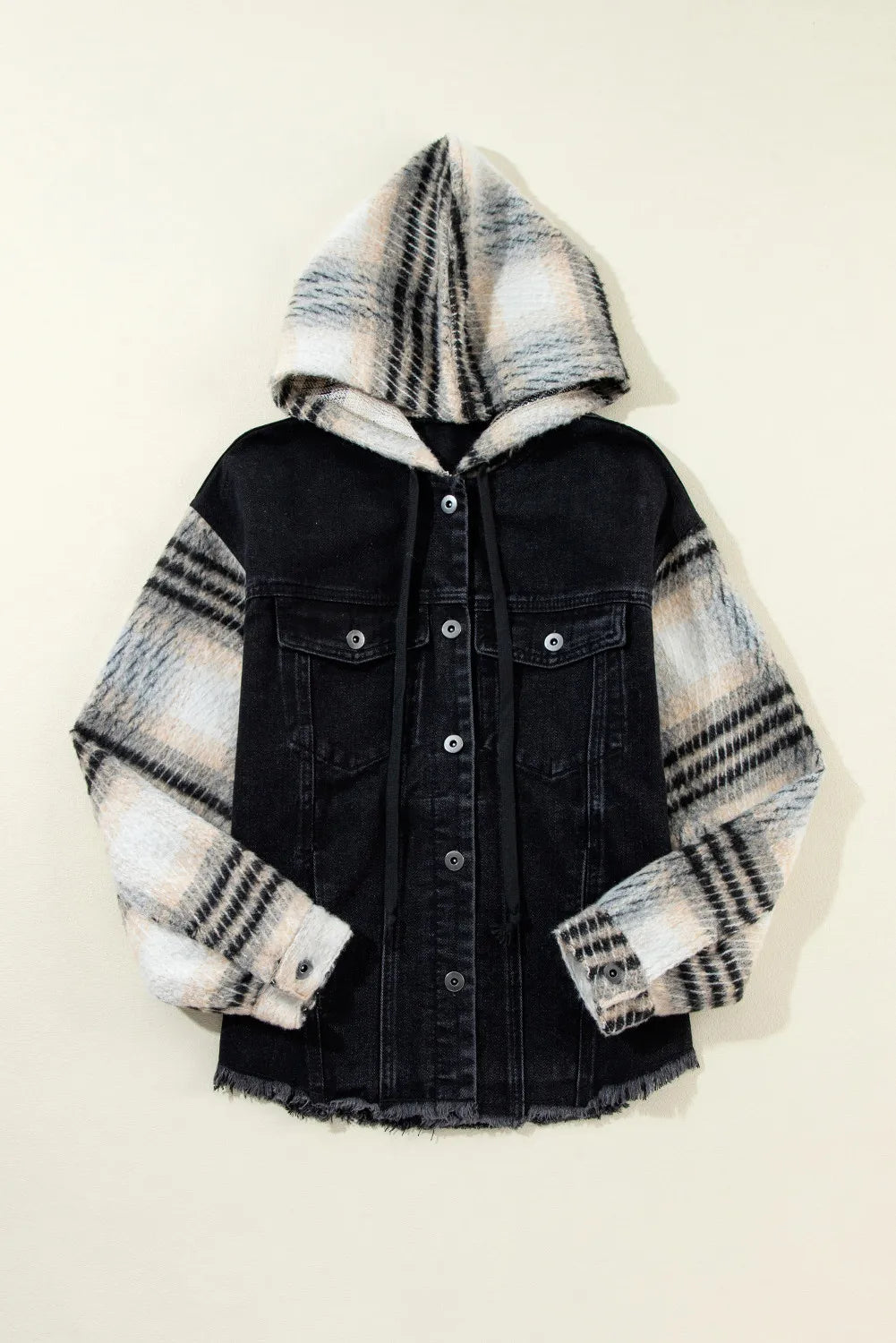 Drawstring Raw Hem Button Up Hooded Denim Jacket - Lilixa.store
