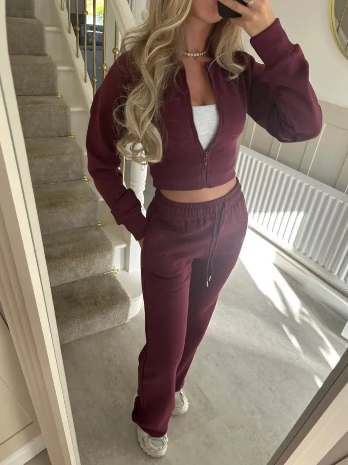 Zip-Up Crop Hoodie and High-Waisted Pants Set - Lilixa.store
