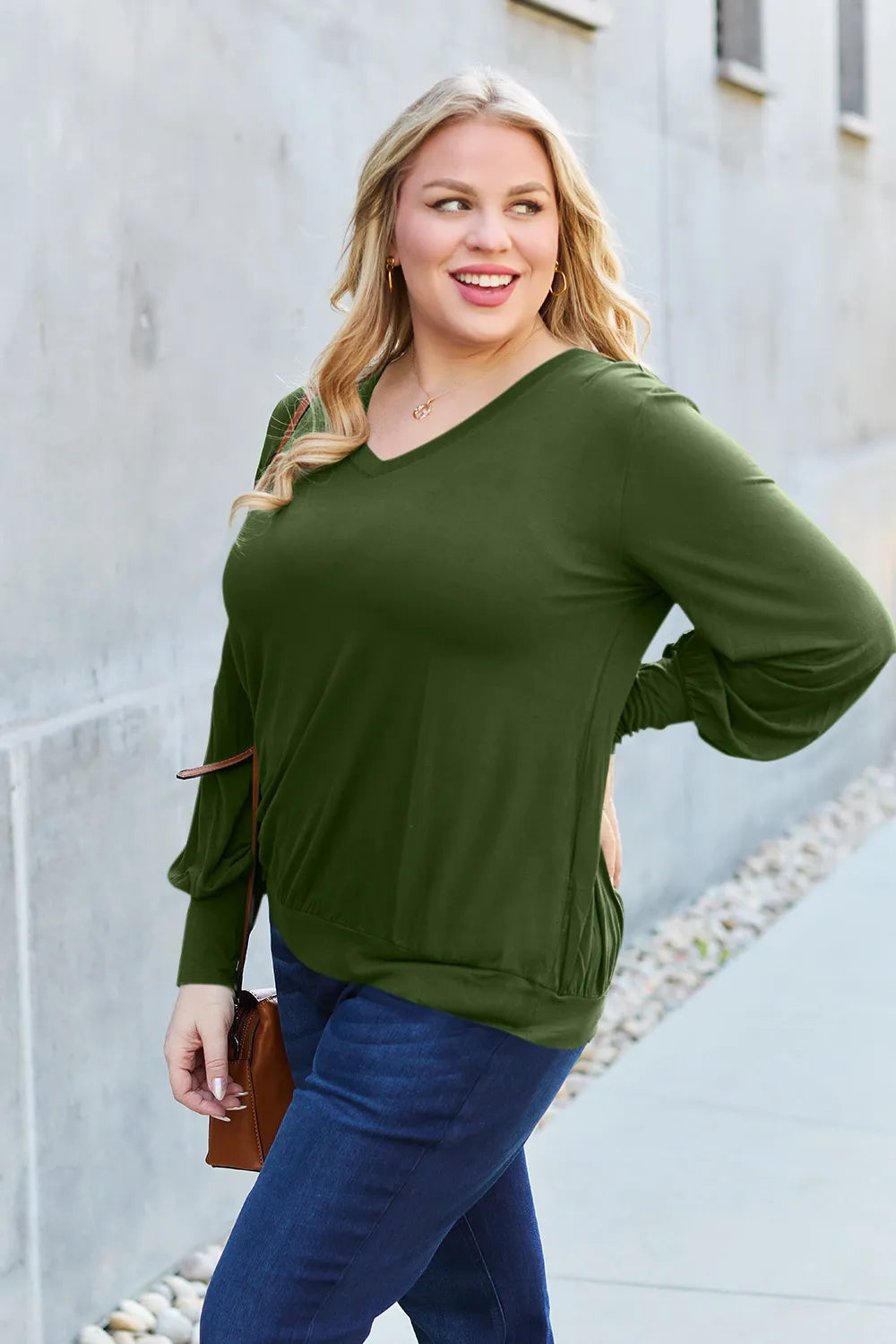 Basic Bae Full Size V-Neck Lantern Sleeve Top - Lilixa.store