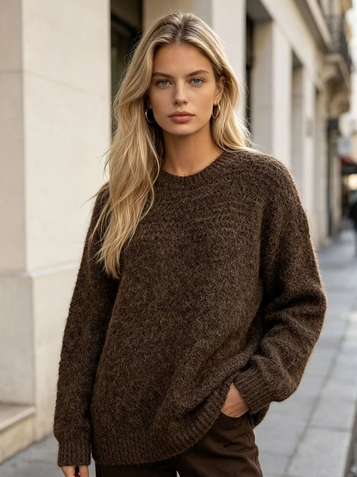 Round Neck Drop Shoulder Sweater in Dark Brown