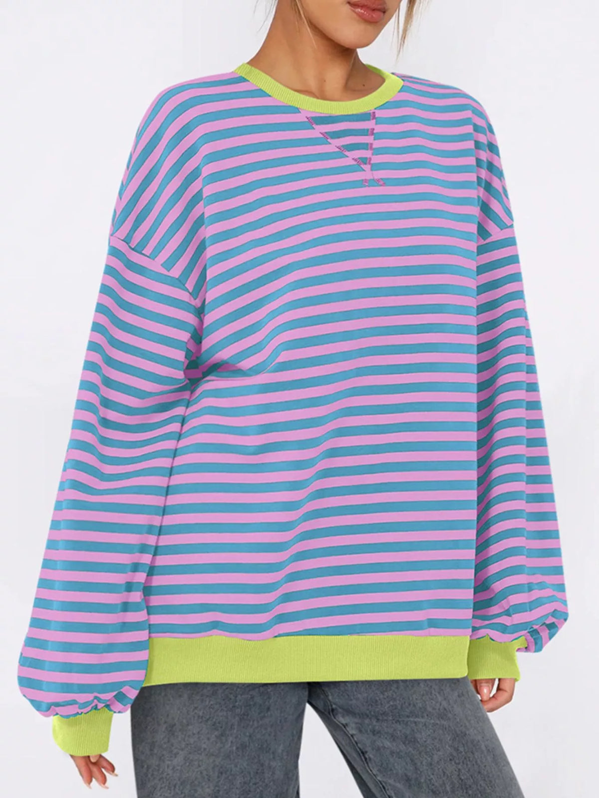 Striped Round Neck Long Sleeve Sweatshirt - Lilixa.store