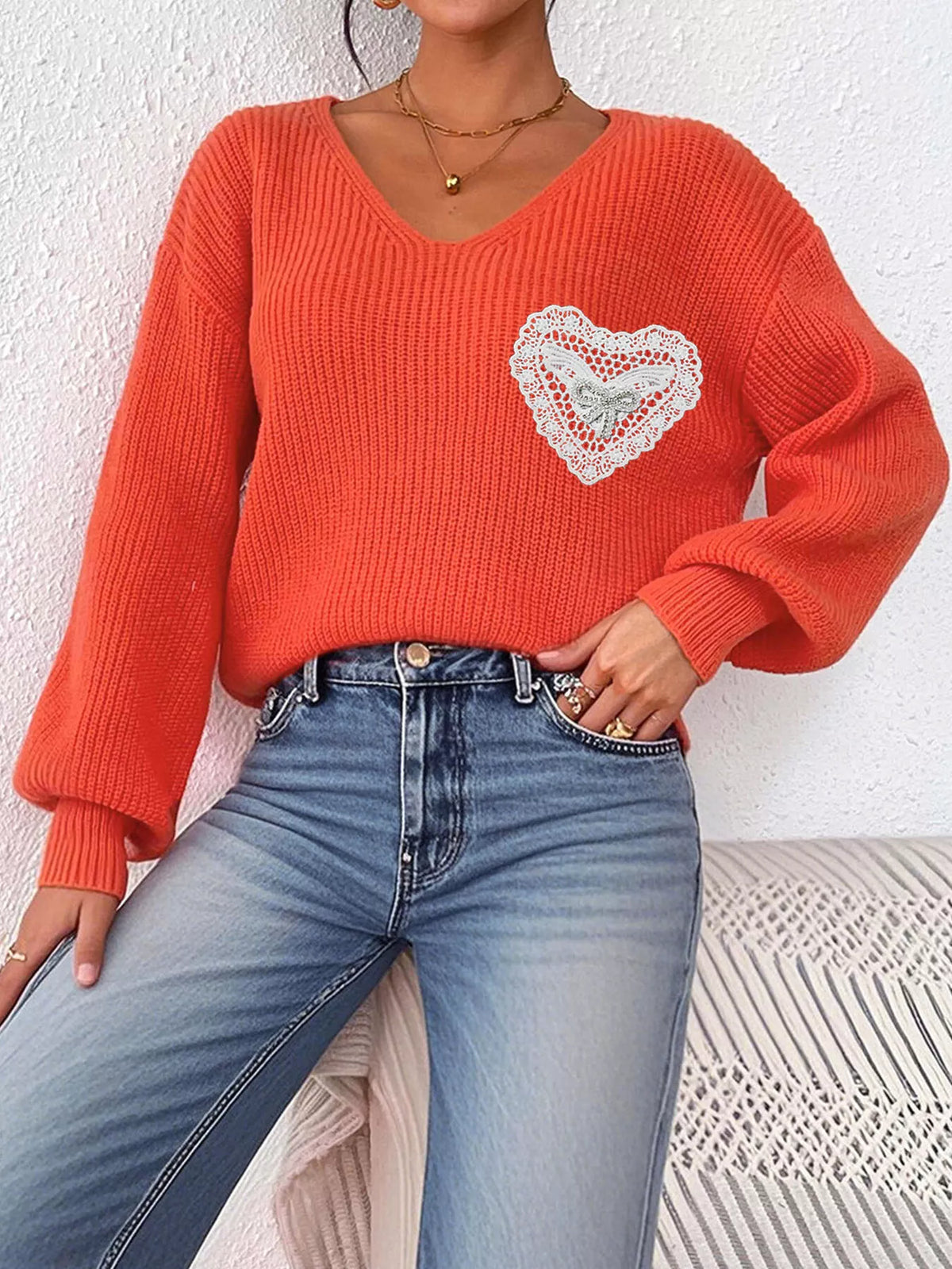 Lace Heart Dropped Shoulder Sweater