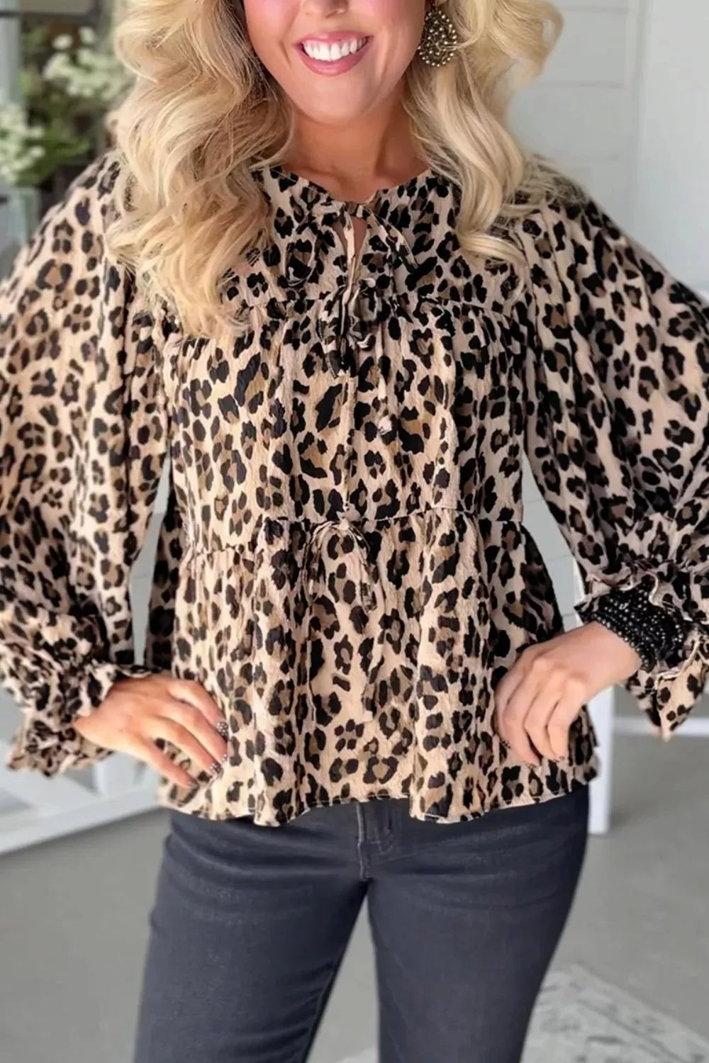 Leopard Print Tie-Neck Blouse, view 3