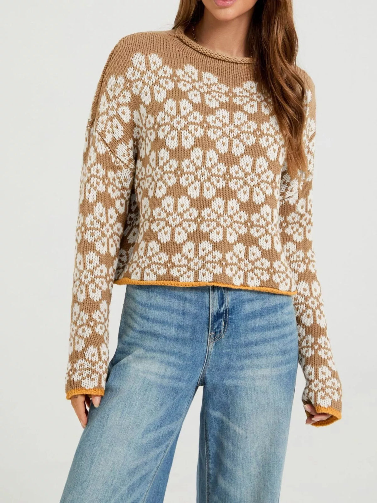 Floral Contrast Trim Dropped Shoulder Sweater - Lilixa.store