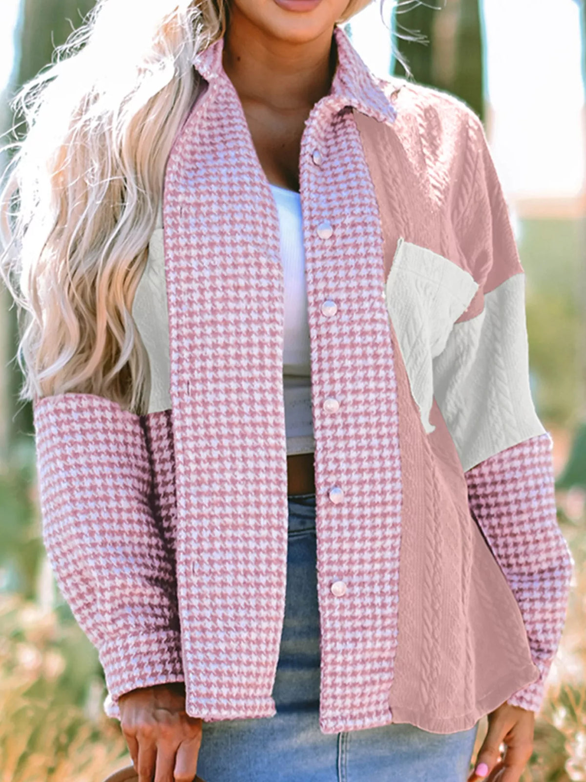 Button Down Houndstooth Color Block Shacket in Dusty Pink