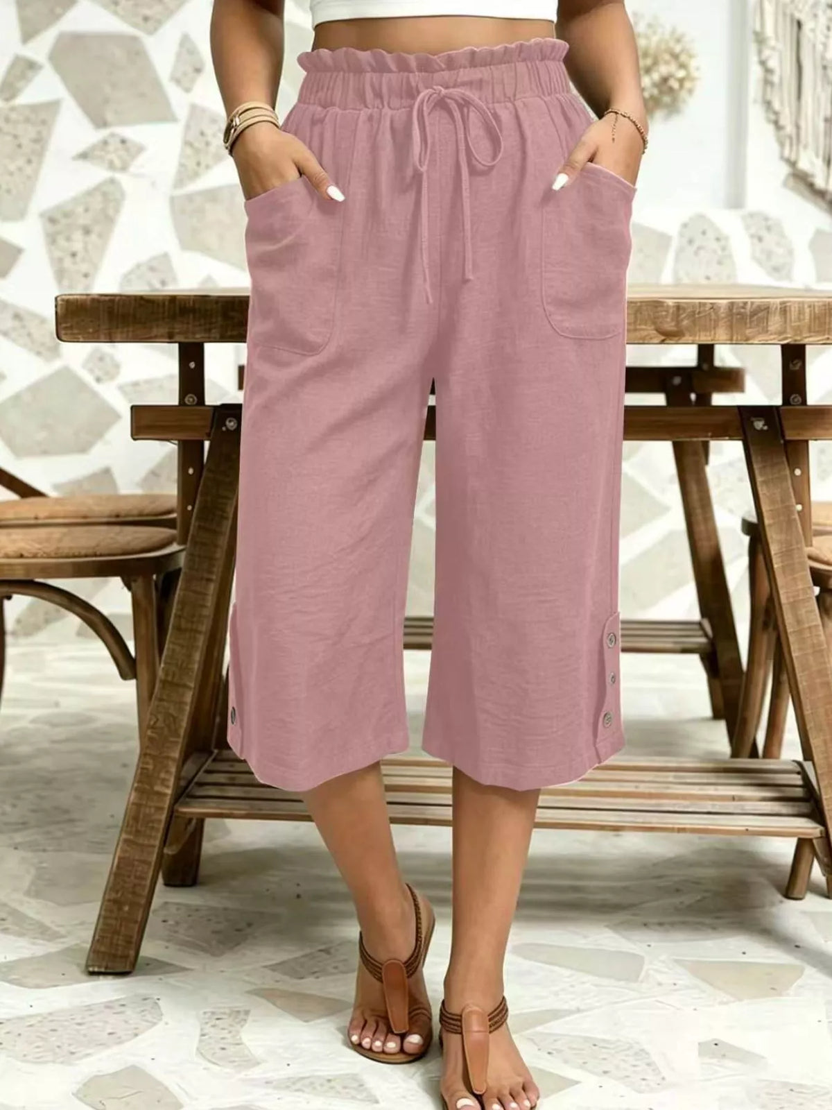 High-Waisted Drawstring Capris in Lotus Color