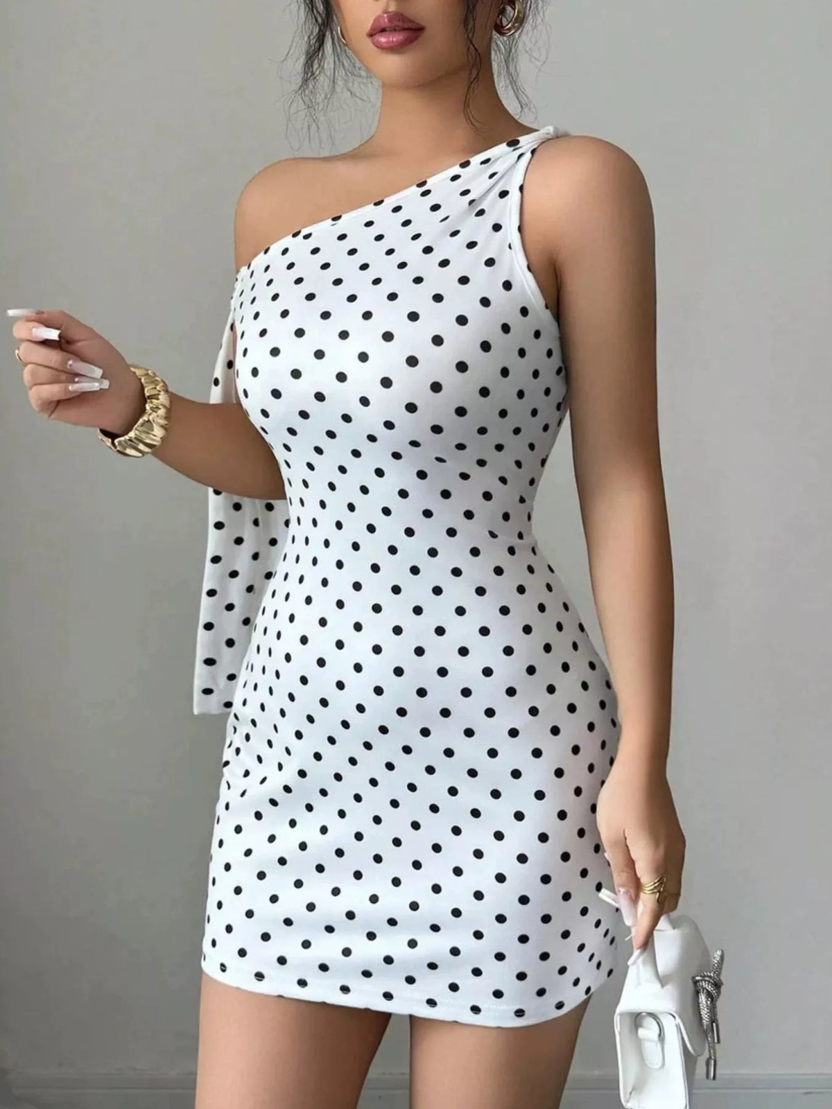 One-Shoulder Polka Dot Bodycon Mini Dress in White