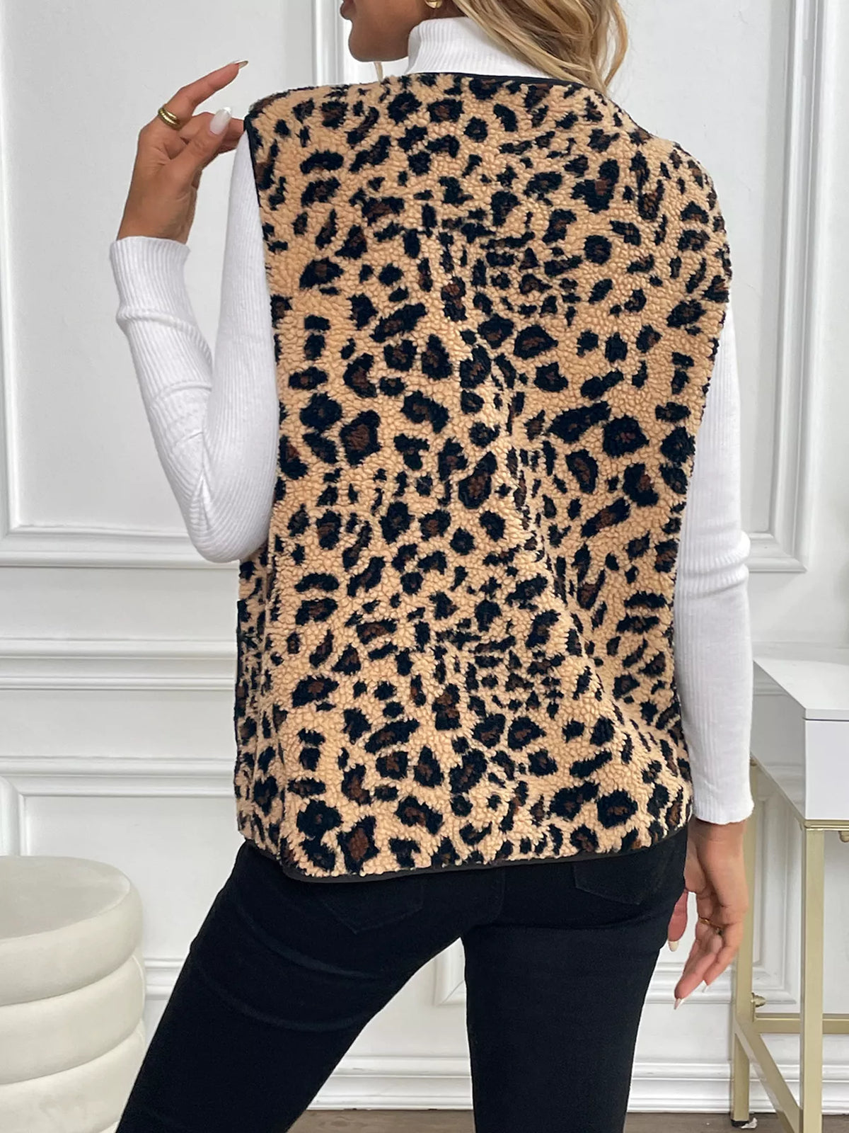 Leopard Fleece Vest Coat with Pockets in Coffee Brown, view 5