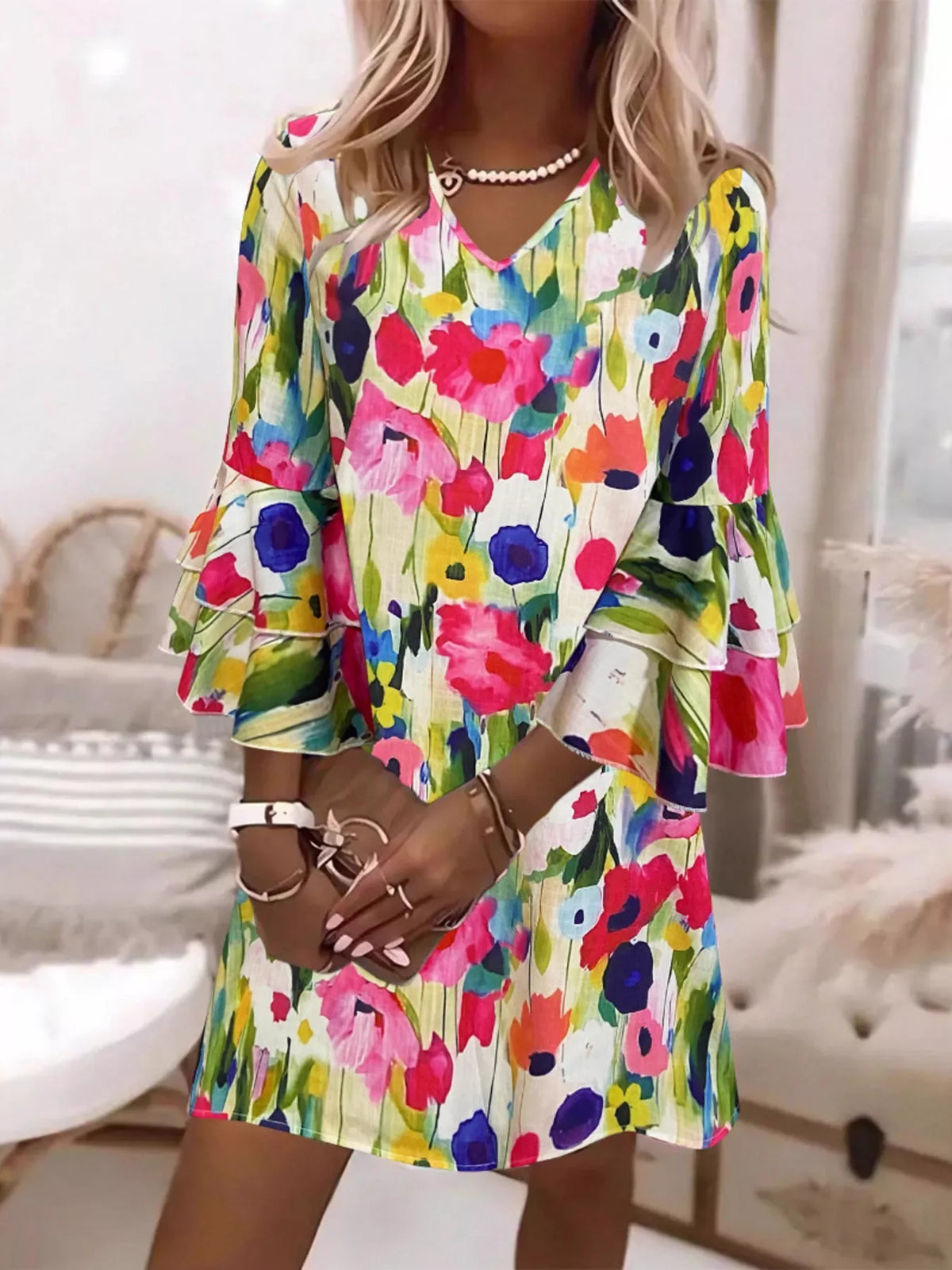 Floral Print Tiered Ruffle Sleeve Casual Mini Dress