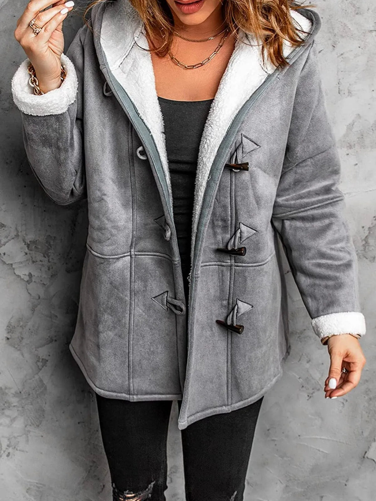 Full Size Cozy Sherpa Lined Toggle Coat with Hood Plus Size in Grey