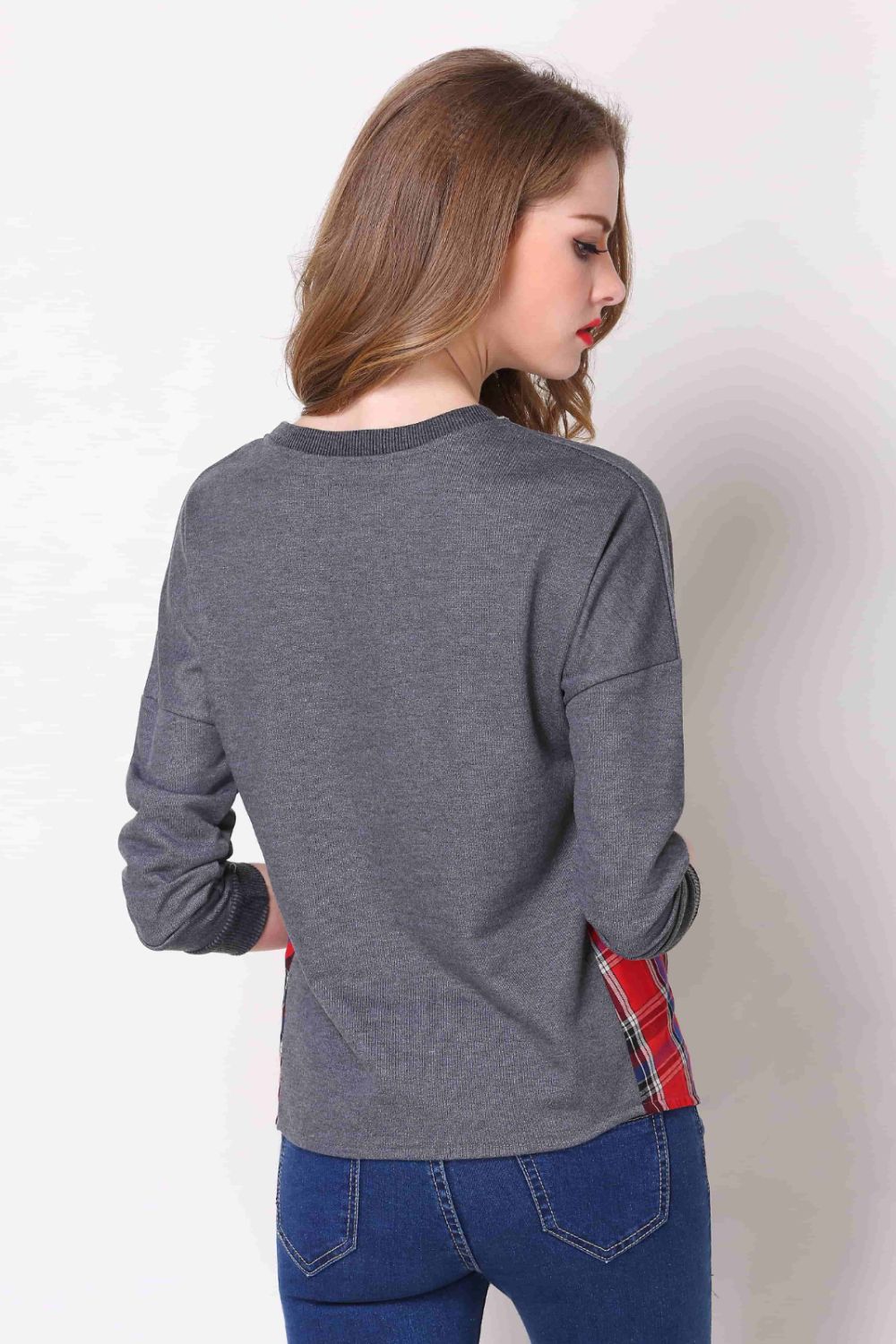 Full Size Plaid Patch Drop Shoulder Round Neck Top - Lilixa.store