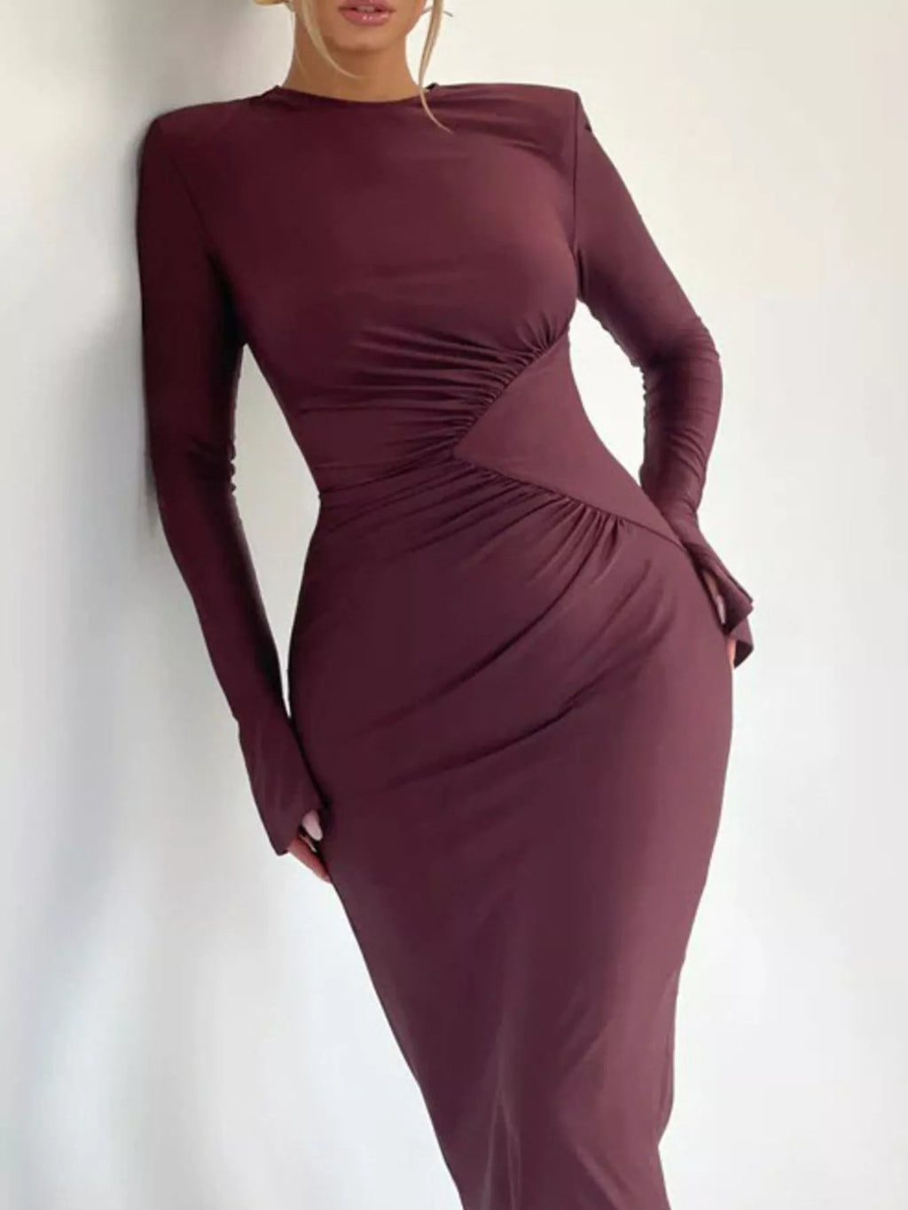 Ruched Long Sleeve Bodycon Maxi Dress - Lilixa.store