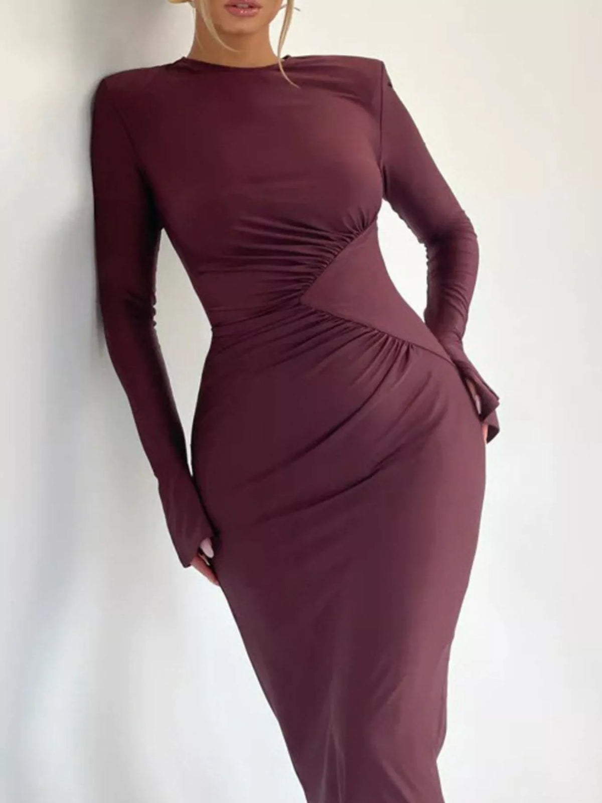 Ruched Long Sleeve Bodycon Maxi Dress - Lilixa.store