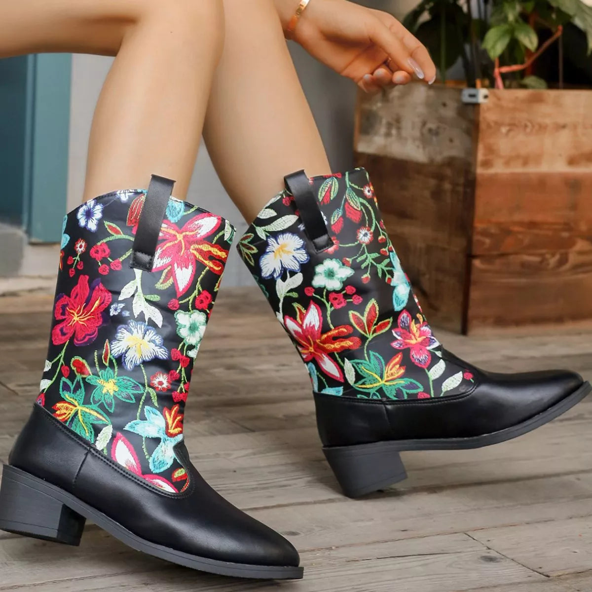 Floral Block Heel Boots, view 6