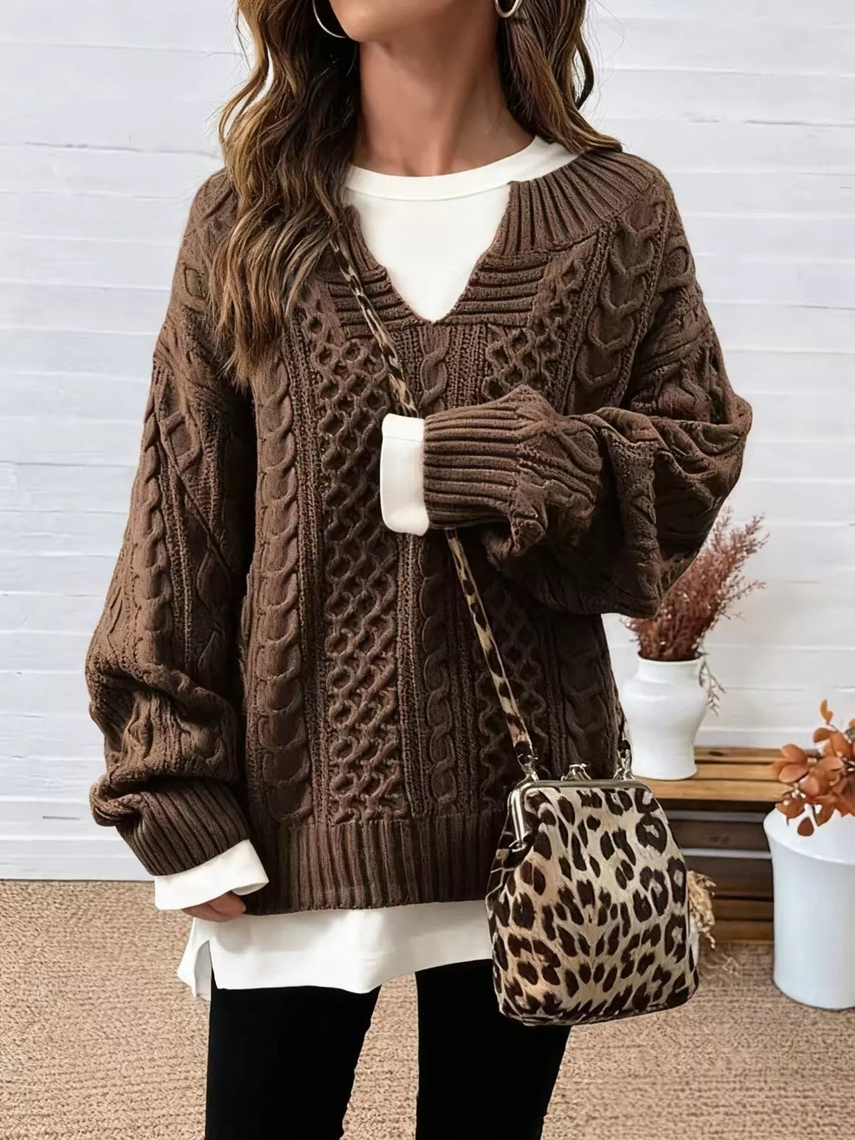 Full Size Cable Knit Dropped Shoulder Sweater Plus Size