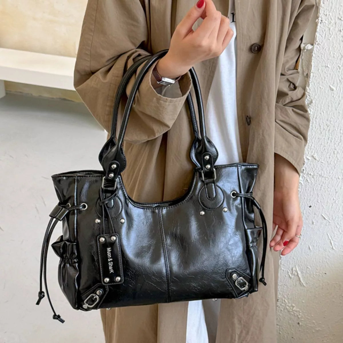 Drawstring Leather Handbag