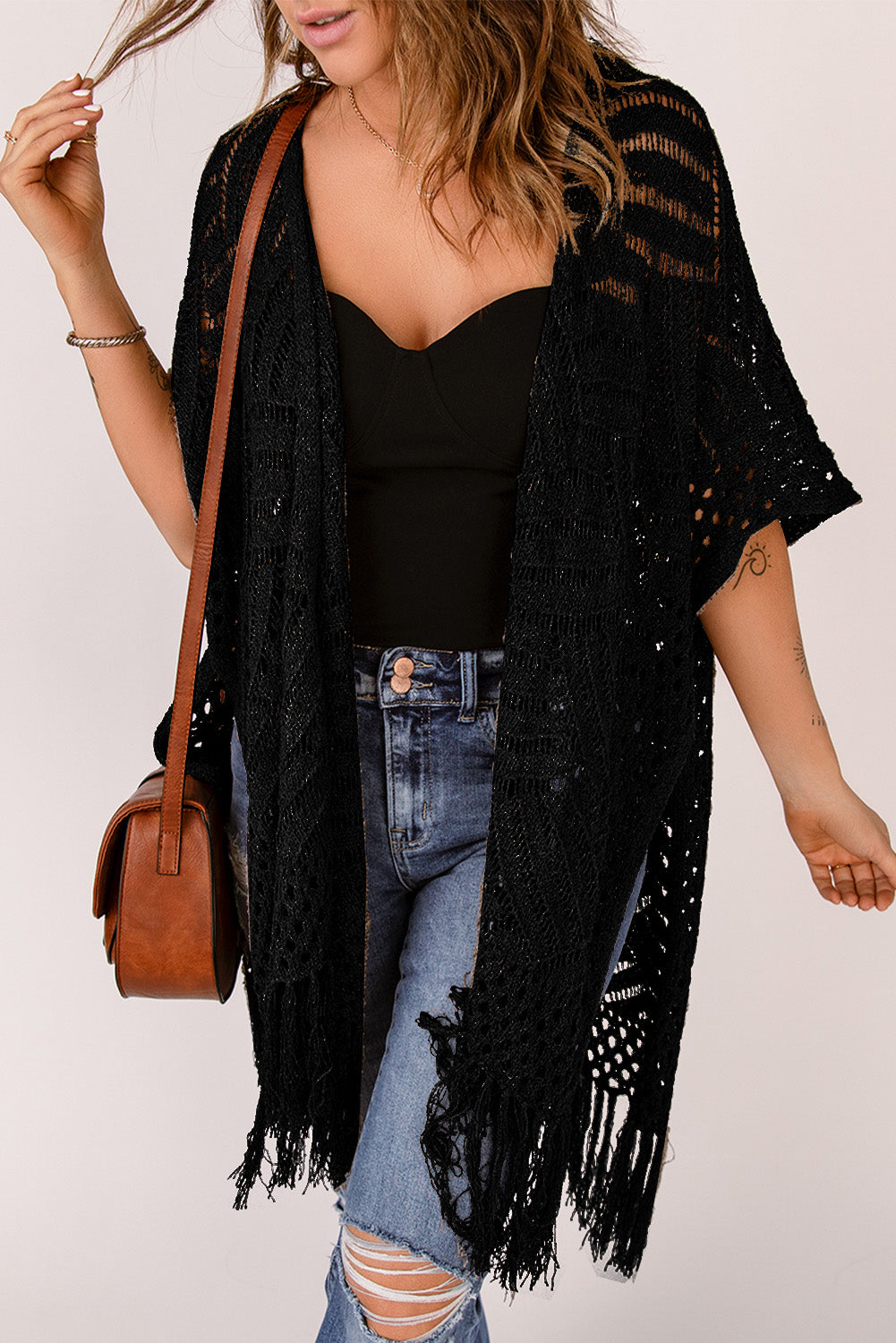 Fringe Hem Slit Open Front Cardigan, view 4