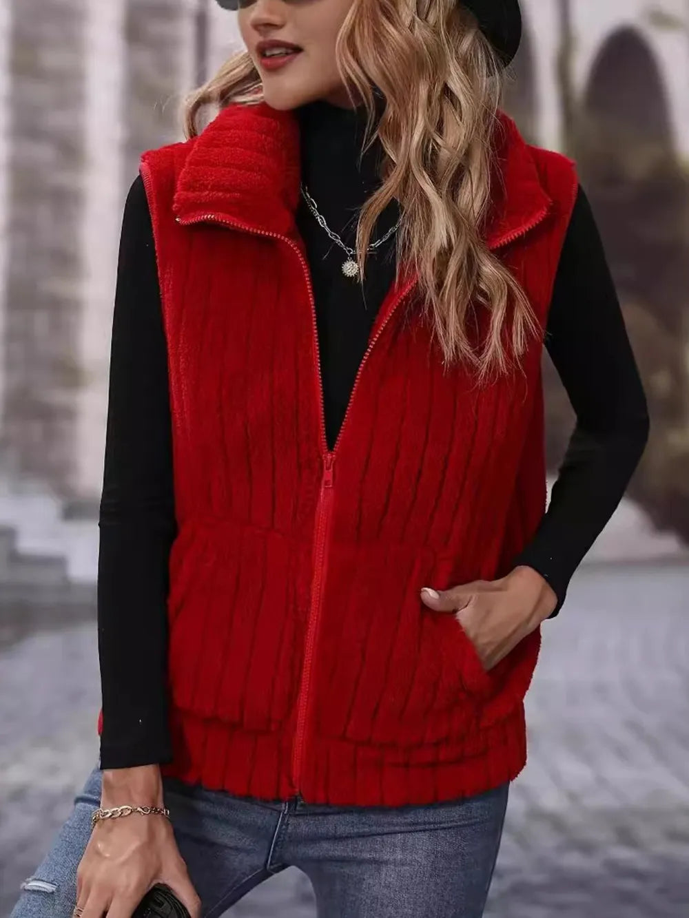Pocketed Zip Up Vest Coat in Rust, view 4