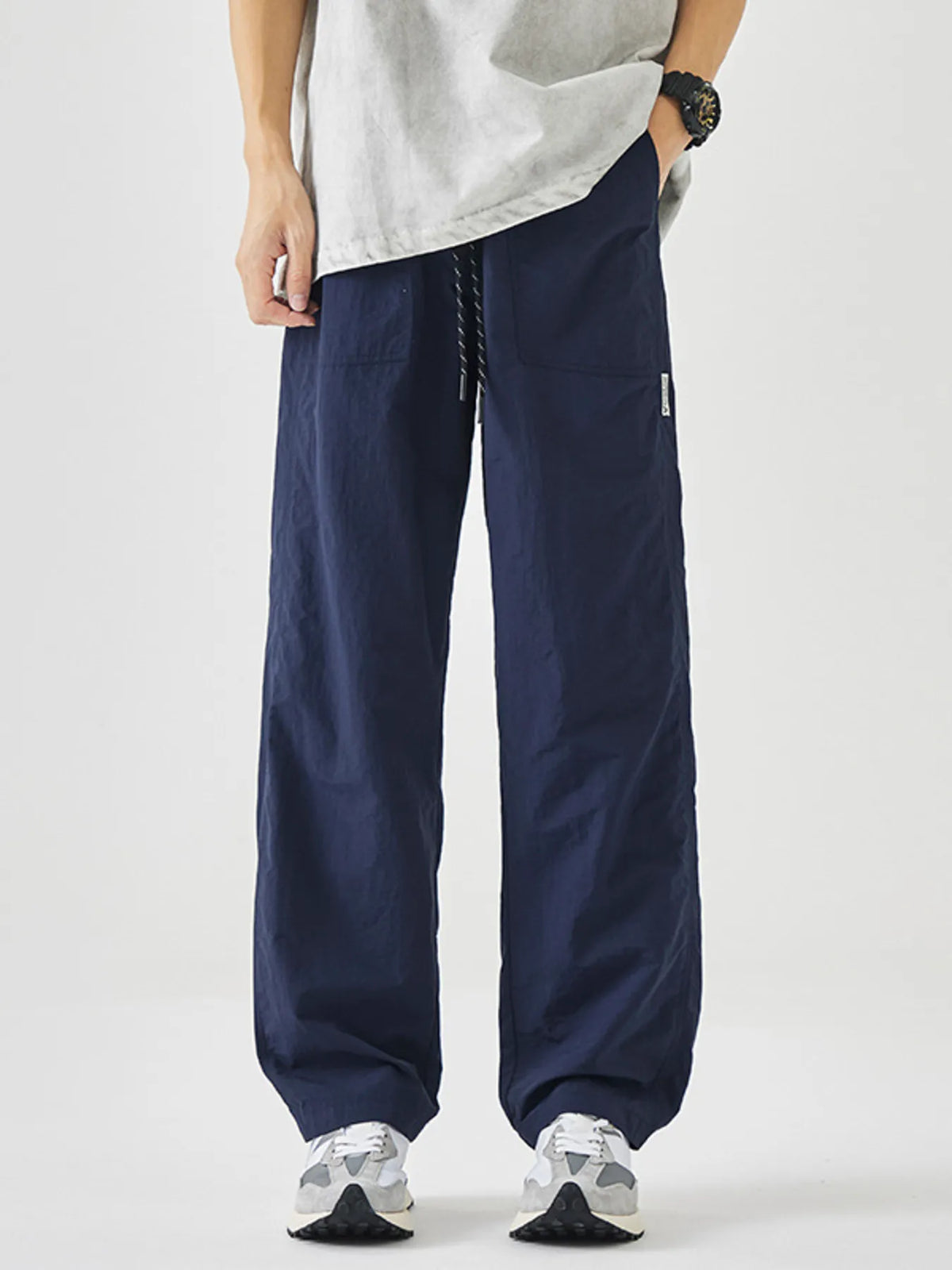Men's Plus Size Drawstring Wide Leg Pants in Navy Blue