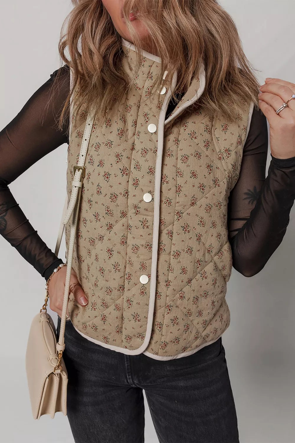 Floral Print Quilted Concealed Button Vest - Lilixa.store