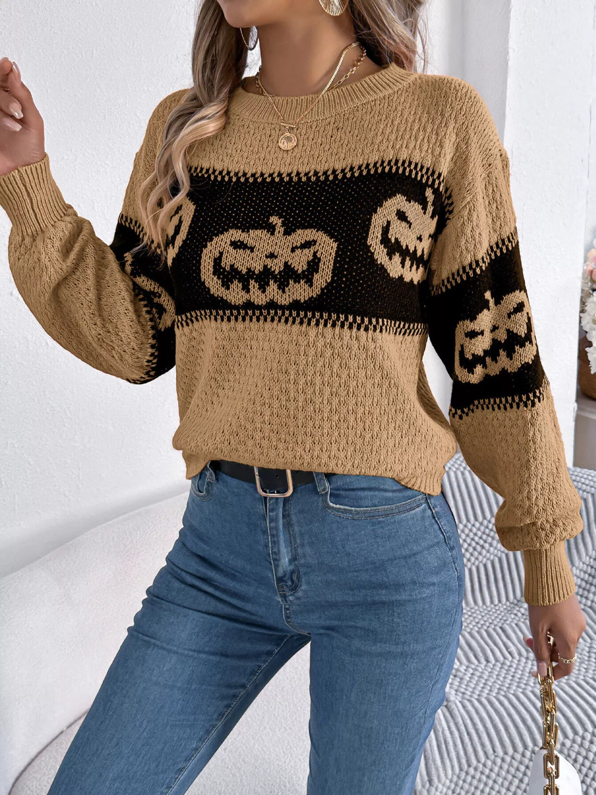 Halloween Pumpkin Pattern Round Neck Sweater, view 10